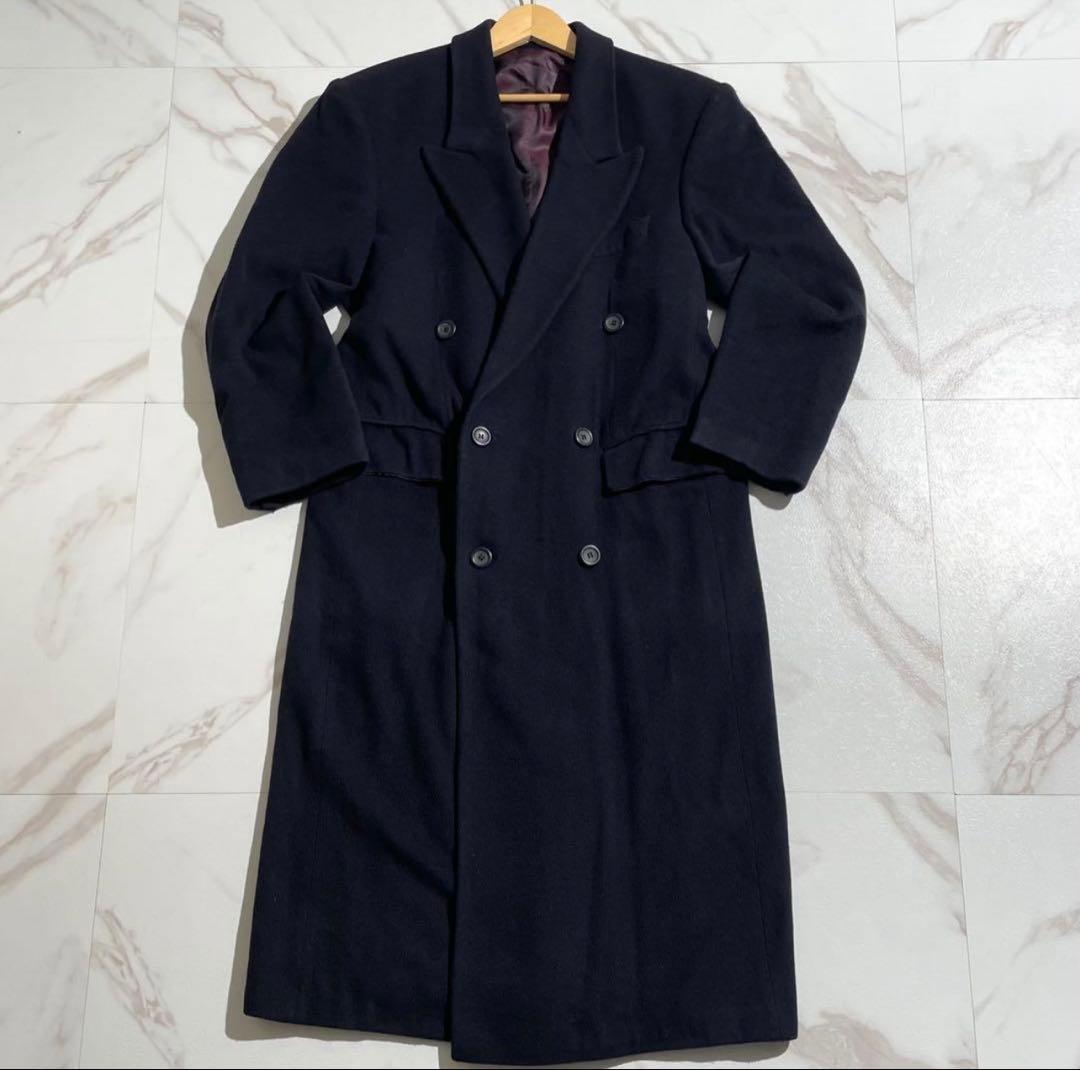 【希少】ダブルチェスターコート カシミヤ100% マキシ丈 Lサイズ ネイビー