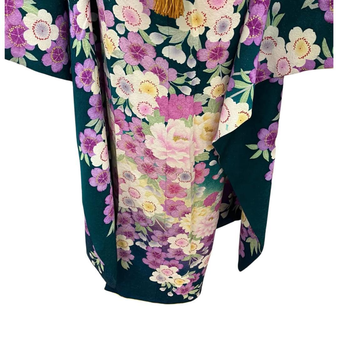 【美品】 振袖 正絹 古典柄 ラメ 桜 単品 成人式 緑 *160 ●