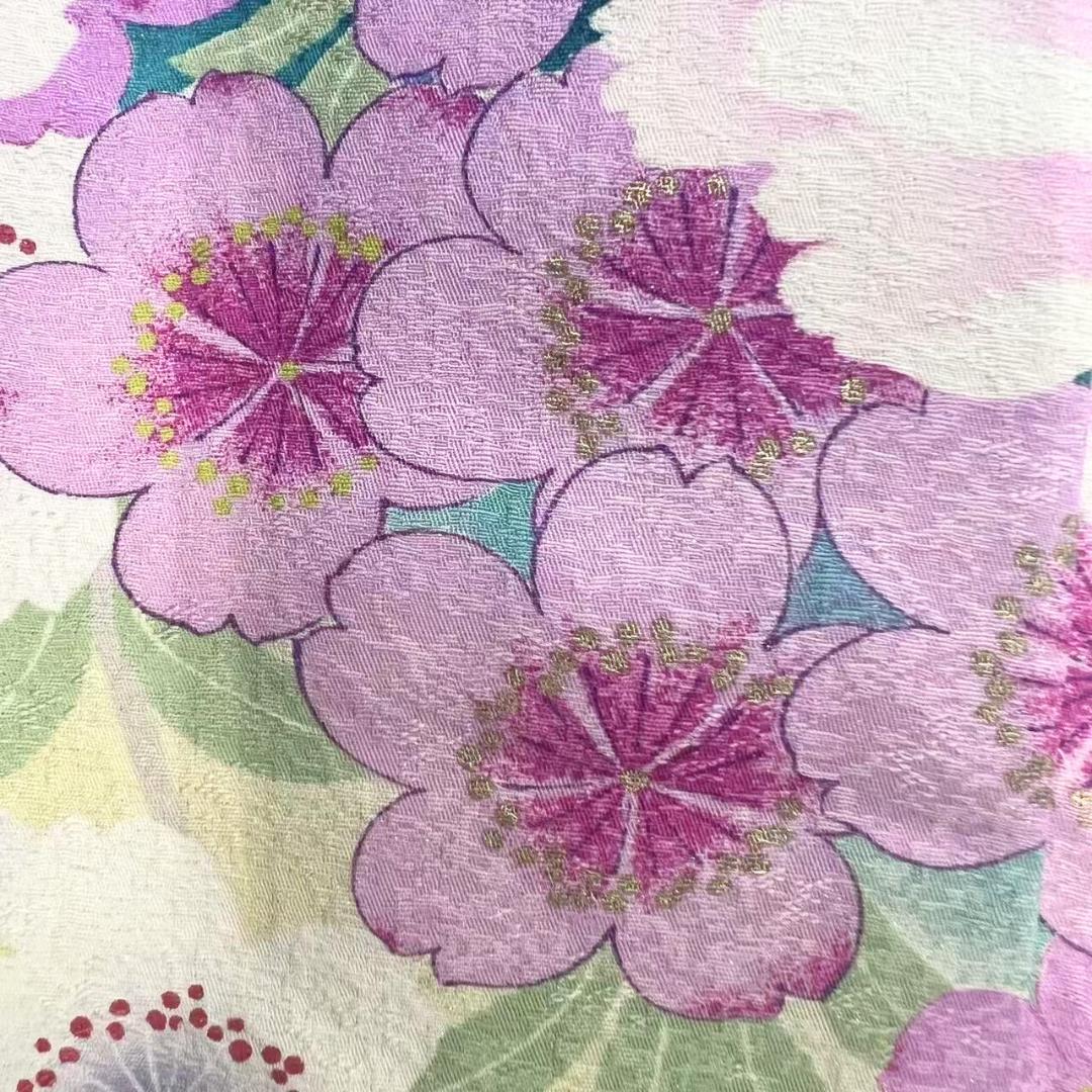【美品】 振袖 正絹 古典柄 ラメ 桜 単品 成人式 緑 *160 ●