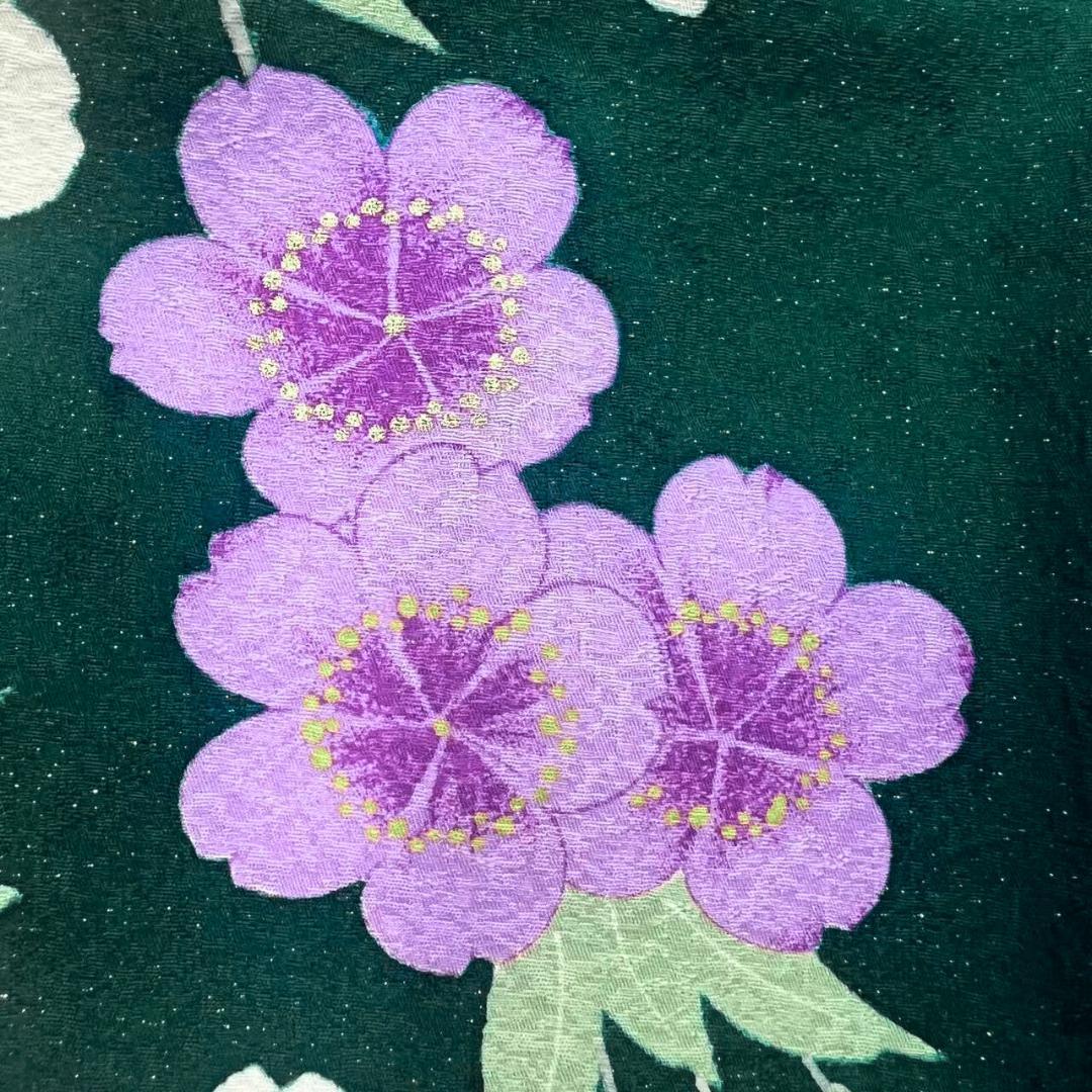 【美品】 振袖 正絹 古典柄 ラメ 桜 単品 成人式 緑 *160 ●