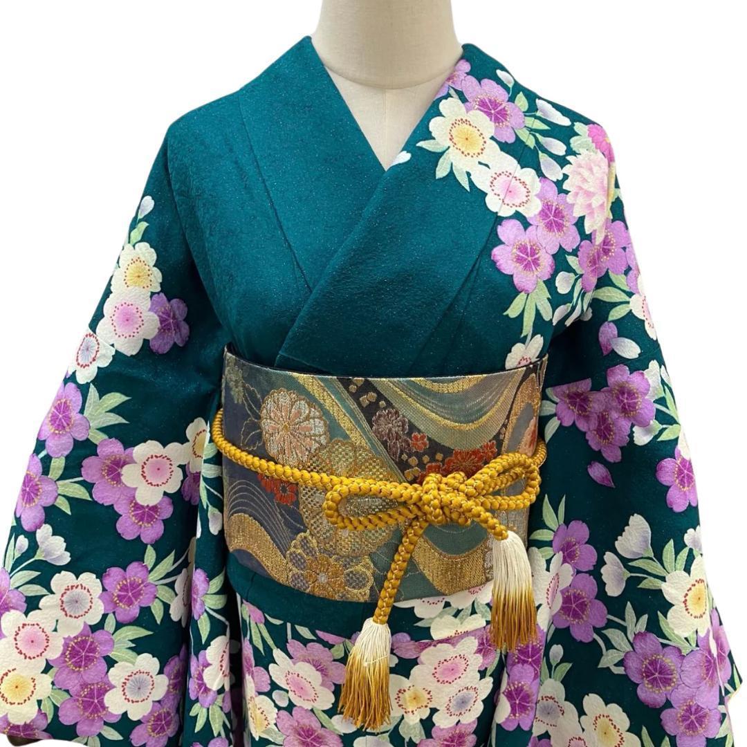 【美品】 振袖 正絹 古典柄 ラメ 桜 単品 成人式 緑 *160 ●
