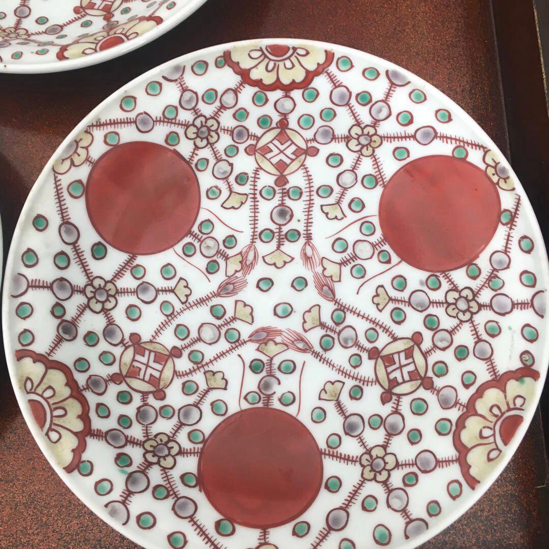 kitty様リクエスト　古伊万里　赤玉瓔珞文　中皿3客　17cm