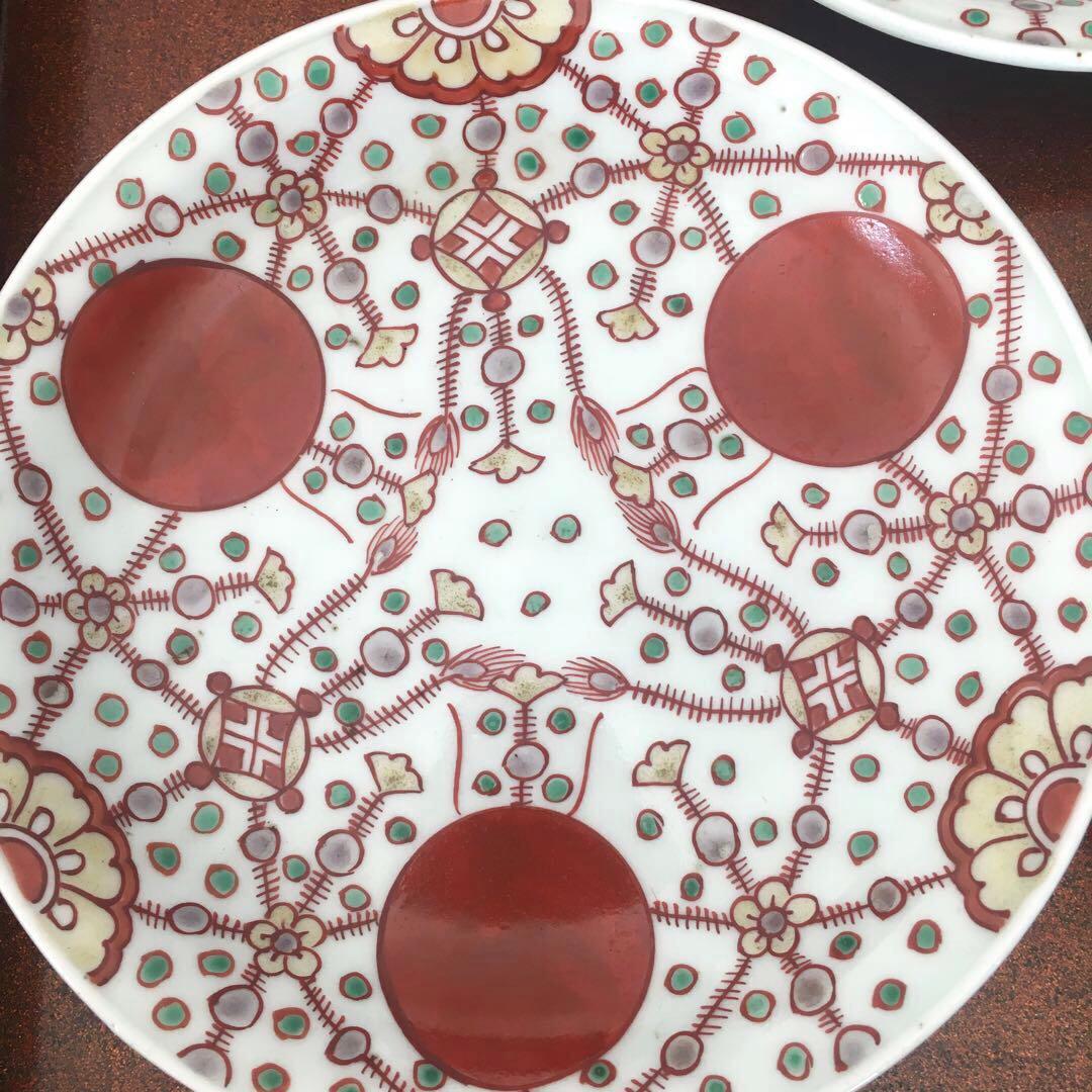 kitty様リクエスト　古伊万里　赤玉瓔珞文　中皿3客　17cm
