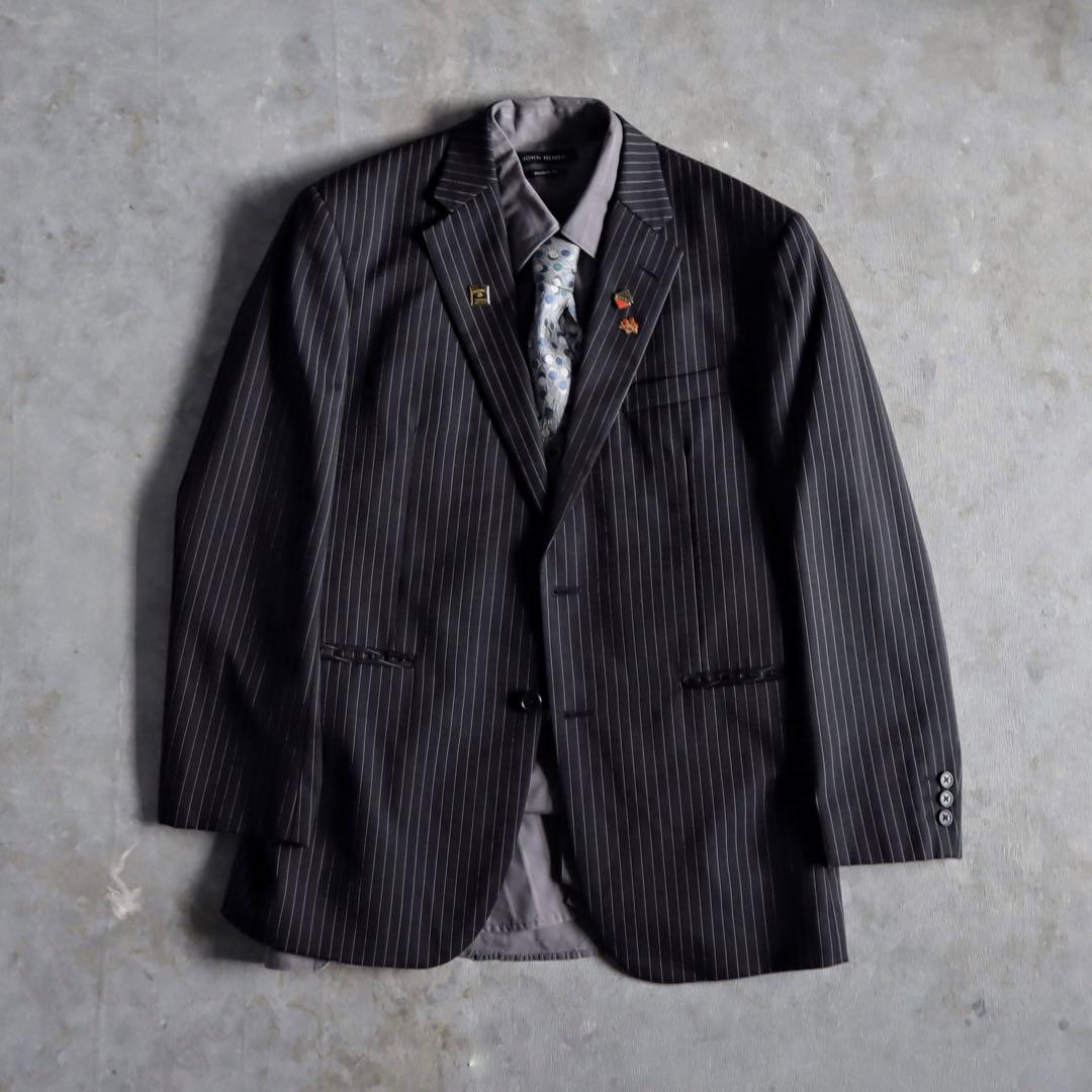 90s 黒×灰色 セットアップ シャツ ネクタイ ピンズ付 成人式 入学 卒業式