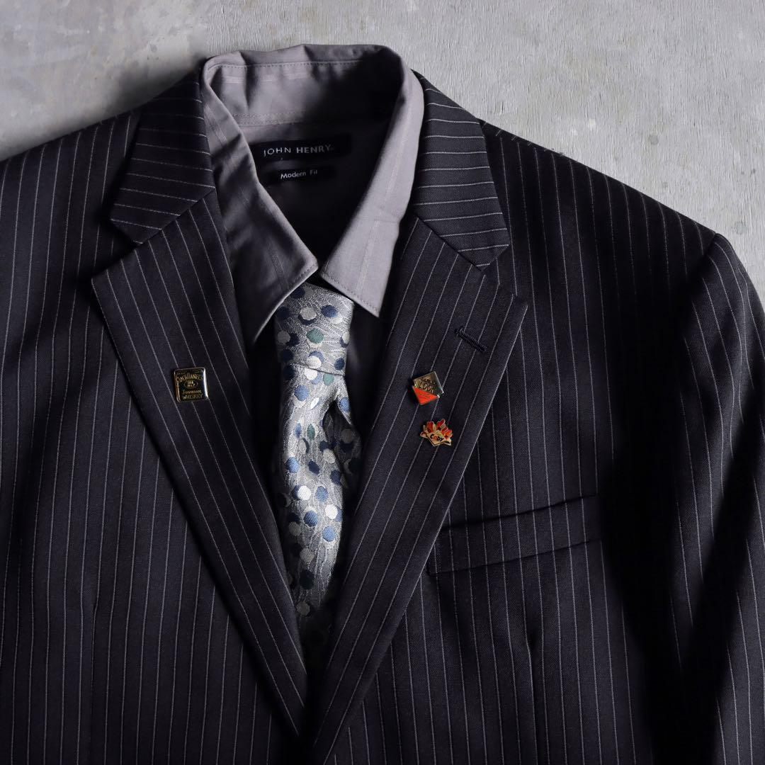 90s 黒×灰色 セットアップ シャツ ネクタイ ピンズ付 成人式 入学 卒業式