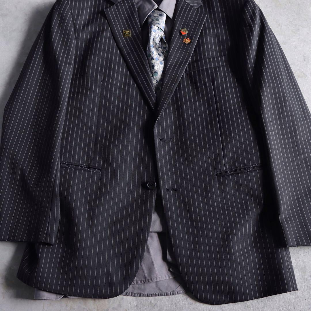 90s 黒×灰色 セットアップ シャツ ネクタイ ピンズ付 成人式 入学 卒業式