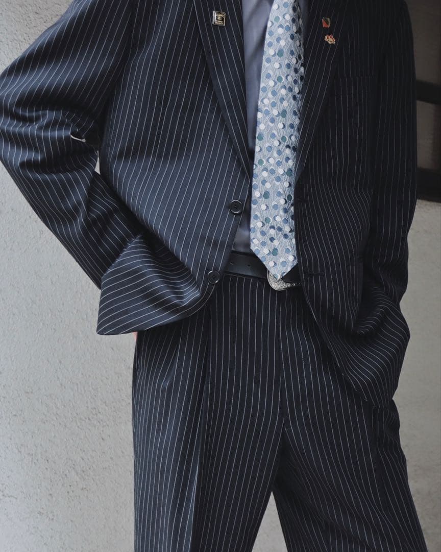 90s 黒×灰色 セットアップ シャツ ネクタイ ピンズ付 成人式 入学 卒業式