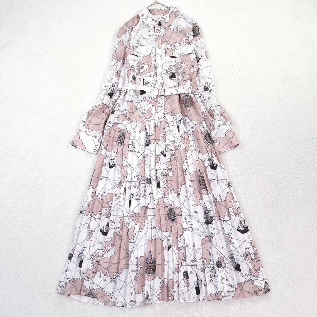 ダイアグラム マッププリント ワンピース マキシ丈 プリーツ ベルト付 ピンク