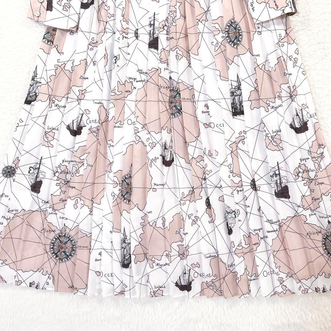 ダイアグラム マッププリント ワンピース マキシ丈 プリーツ ベルト付 ピンク