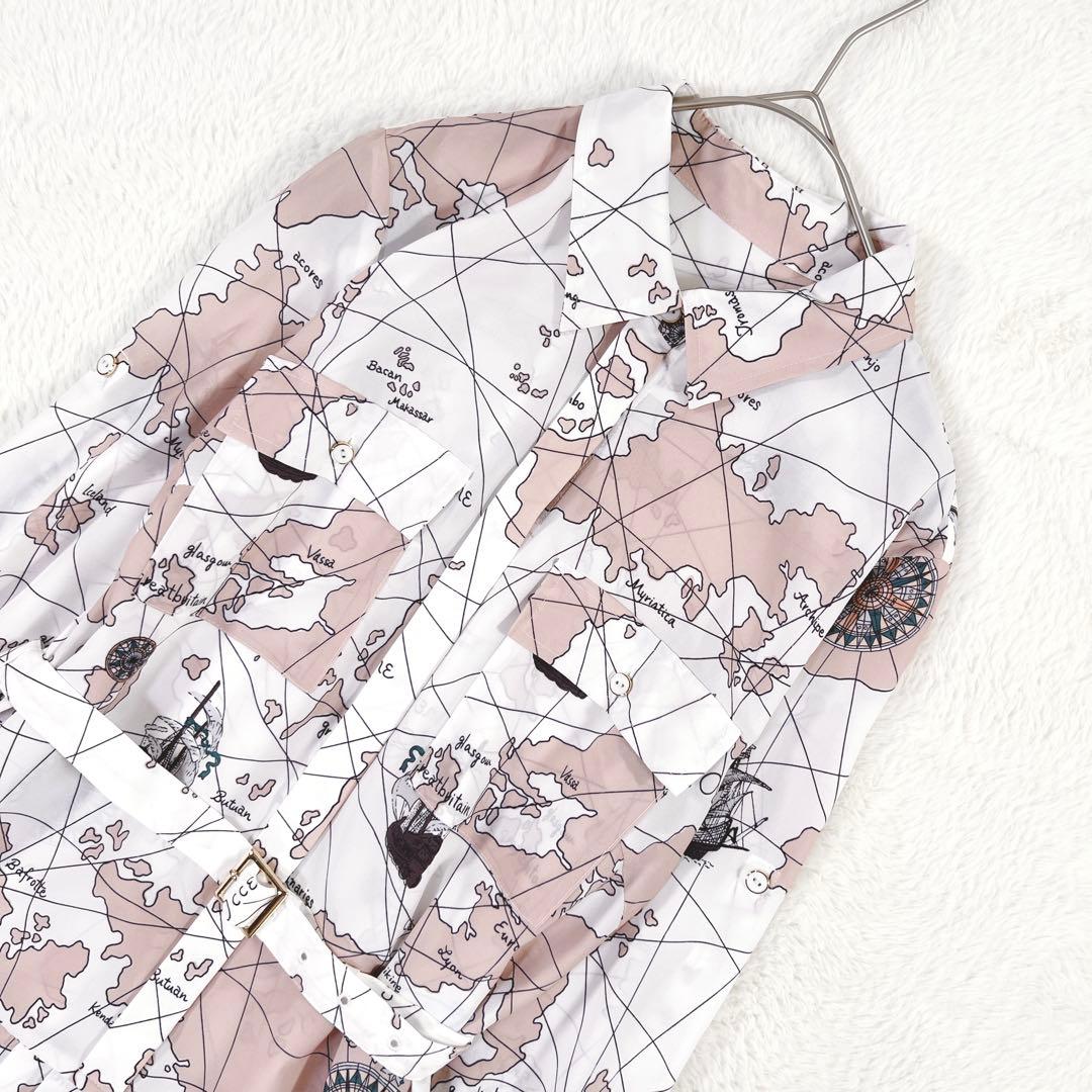 ダイアグラム マッププリント ワンピース マキシ丈 プリーツ ベルト付 ピンク