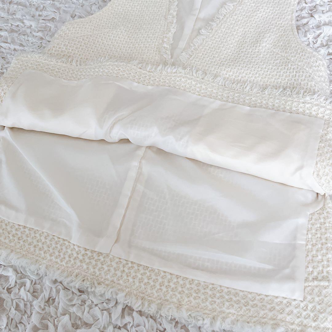 美品 アルアバイル ツイードベスト ツイードジレ ニットベスト M フリンジ 白