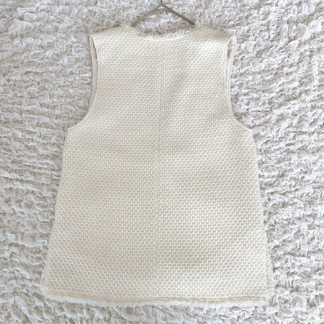 美品 アルアバイル ツイードベスト ツイードジレ ニットベスト M フリンジ 白