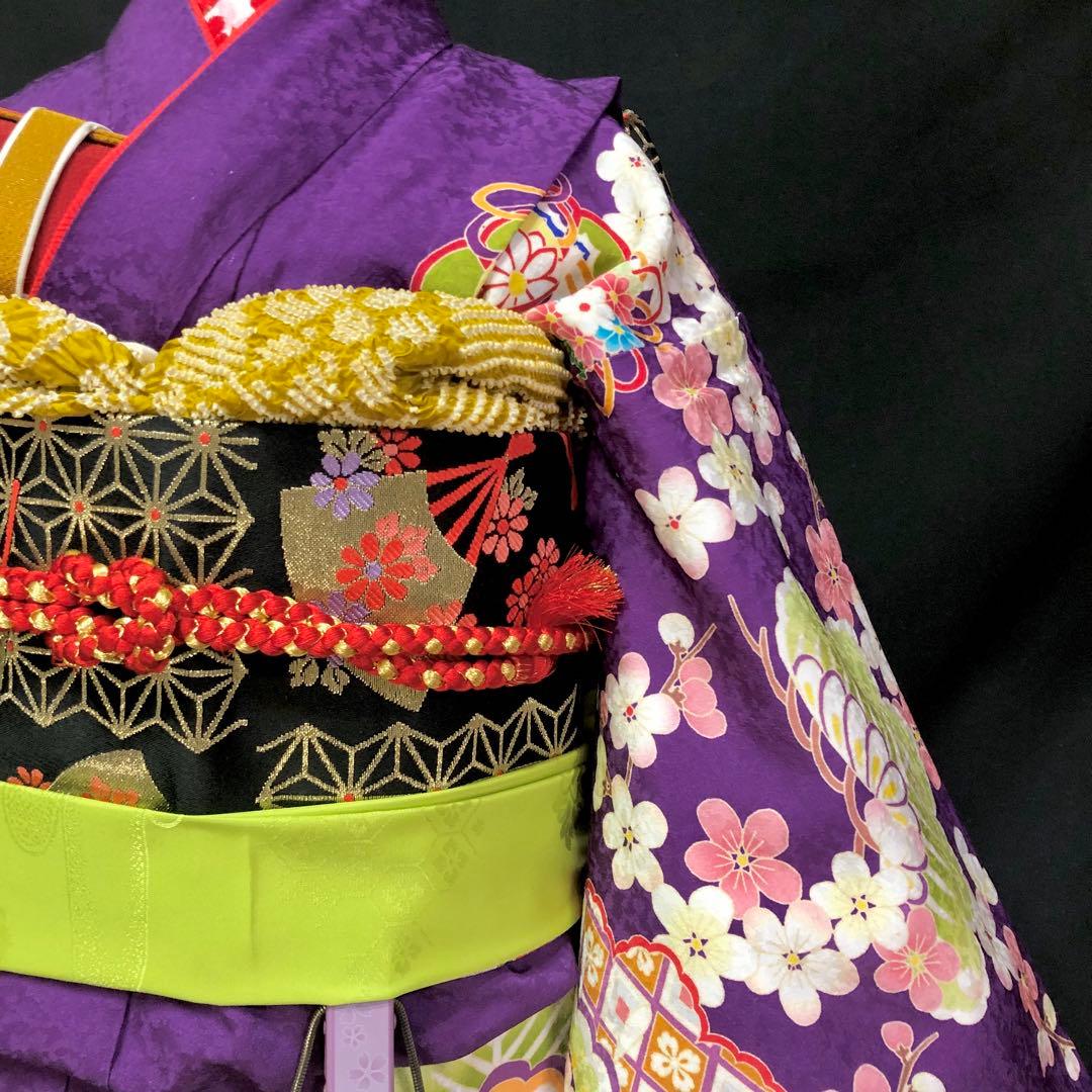 【正絹】 七五三　7歳　絵羽　紫　着物　四つ身　作り帯　セット　女の子