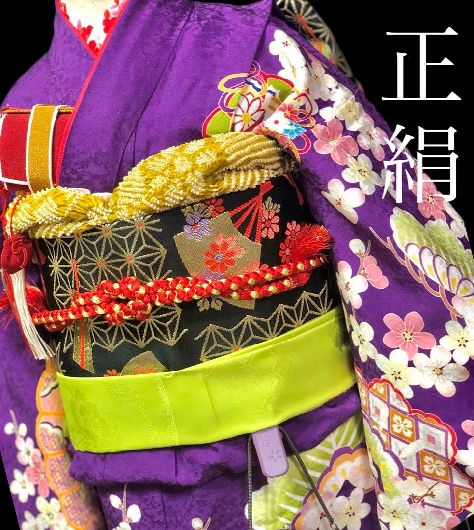 【正絹】 七五三　7歳　絵羽　紫　着物　四つ身　作り帯　セット　女の子