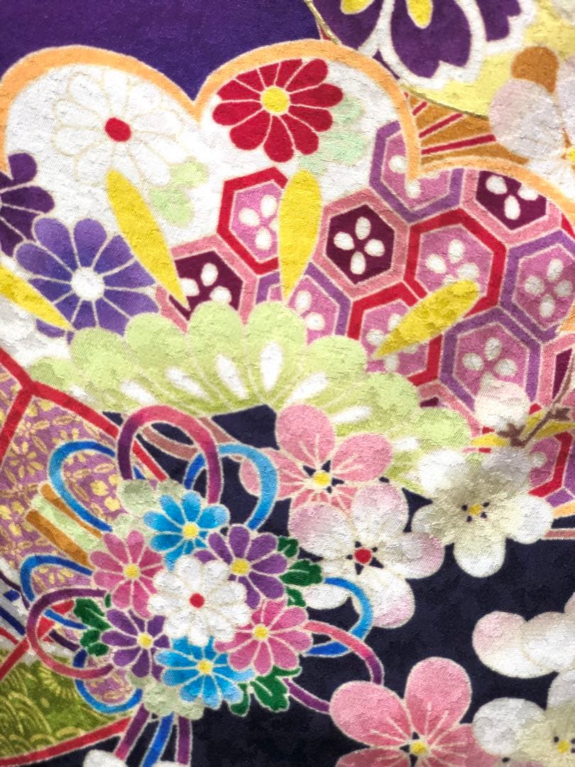 【正絹】 七五三　7歳　絵羽　紫　着物　四つ身　作り帯　セット　女の子