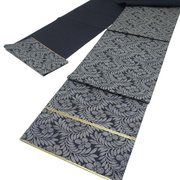袋帯 京都 西陣 452 となみ織物 黒 グレー 草花 美品 中古 kp2291