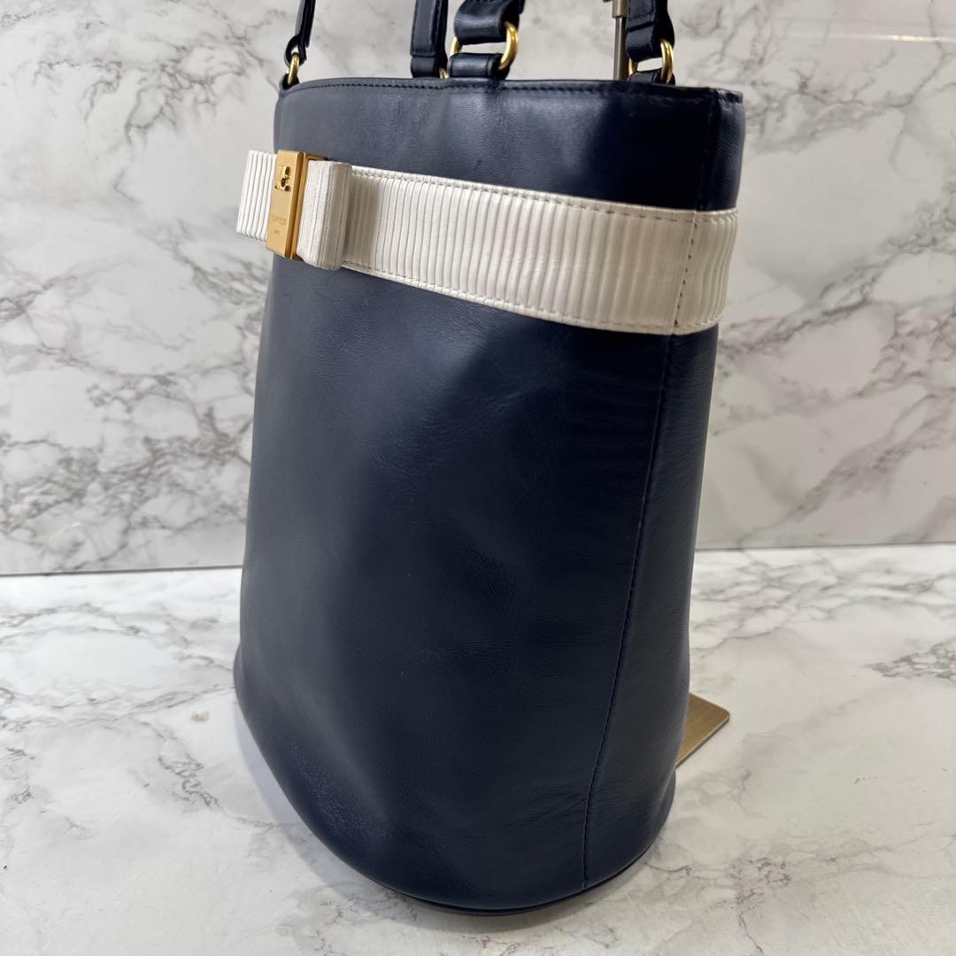 courreges クレージュ リボン 本革 レザー バケツ型 トートバッグ 紺