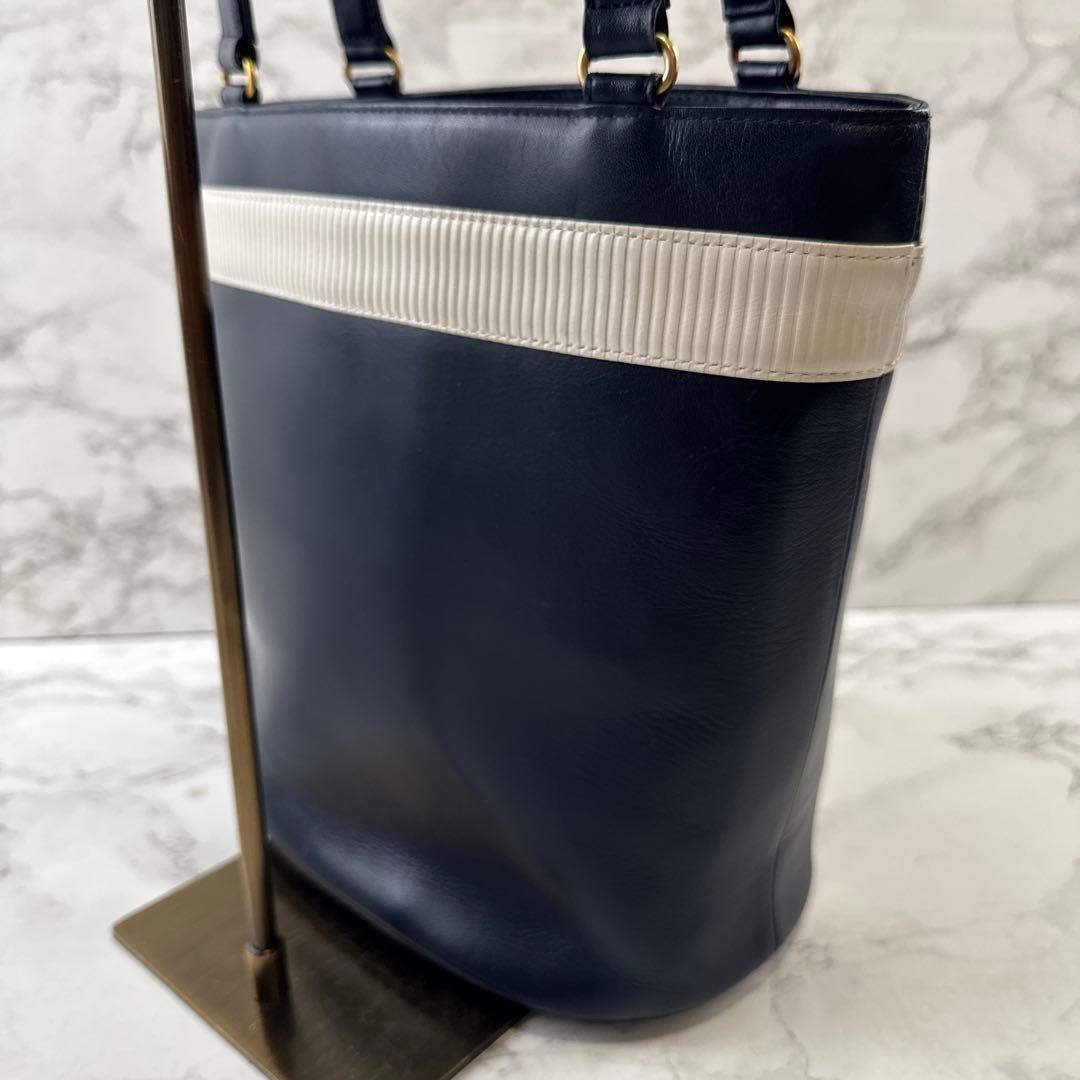 courreges クレージュ リボン 本革 レザー バケツ型 トートバッグ 紺