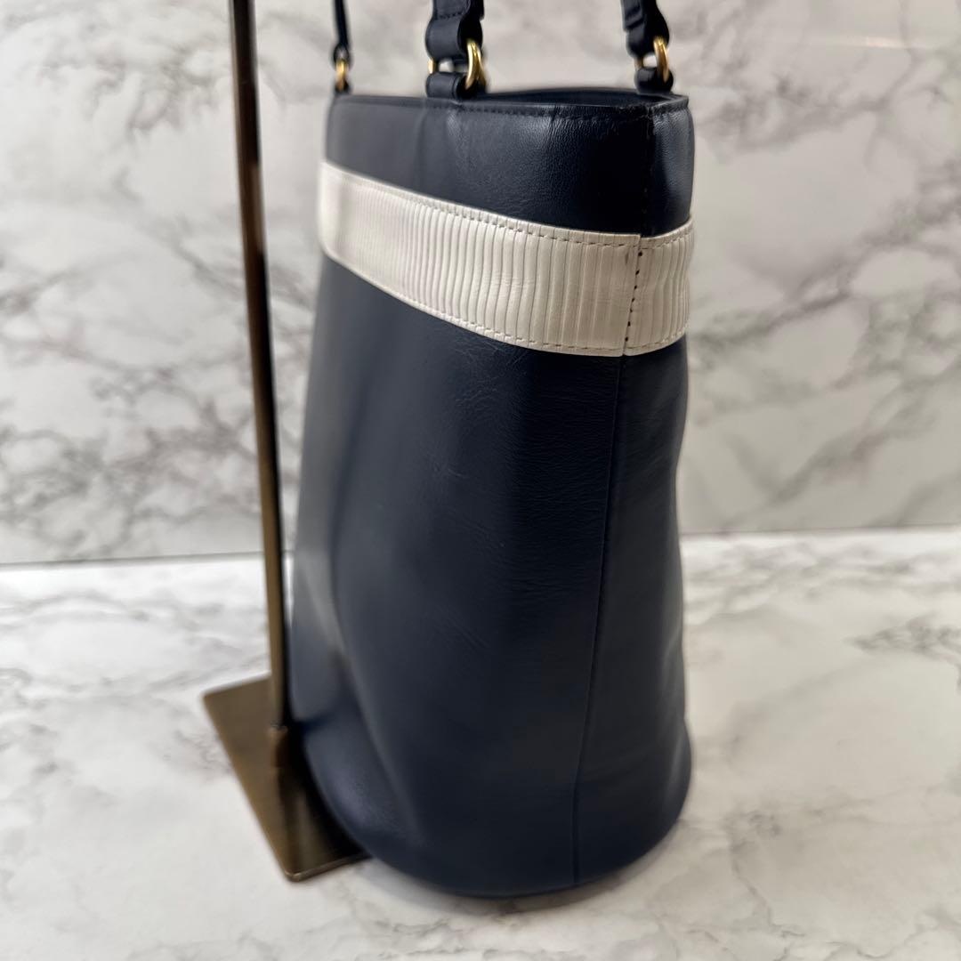 courreges クレージュ リボン 本革 レザー バケツ型 トートバッグ 紺