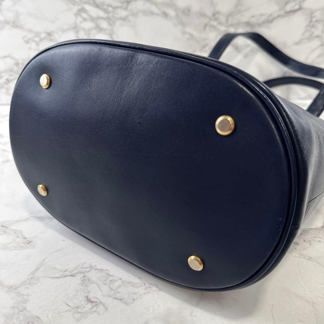 courreges クレージュ リボン 本革 レザー バケツ型 トートバッグ 紺