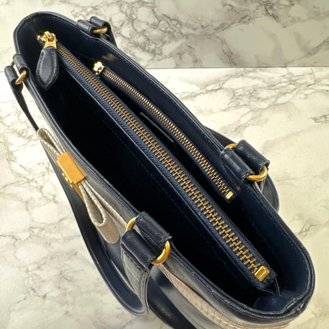 courreges クレージュ リボン 本革 レザー バケツ型 トートバッグ 紺