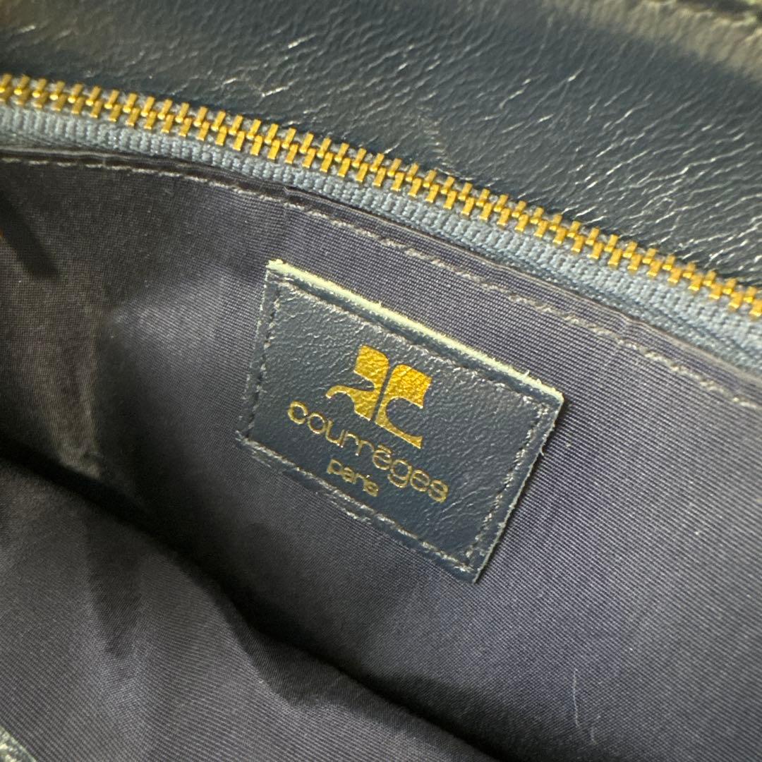 courreges クレージュ リボン 本革 レザー バケツ型 トートバッグ 紺