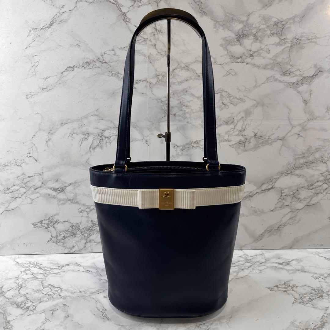 courreges クレージュ リボン 本革 レザー バケツ型 トートバッグ 紺
