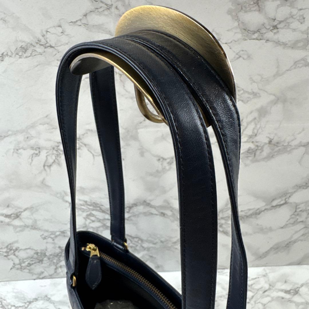 courreges クレージュ リボン 本革 レザー バケツ型 トートバッグ 紺