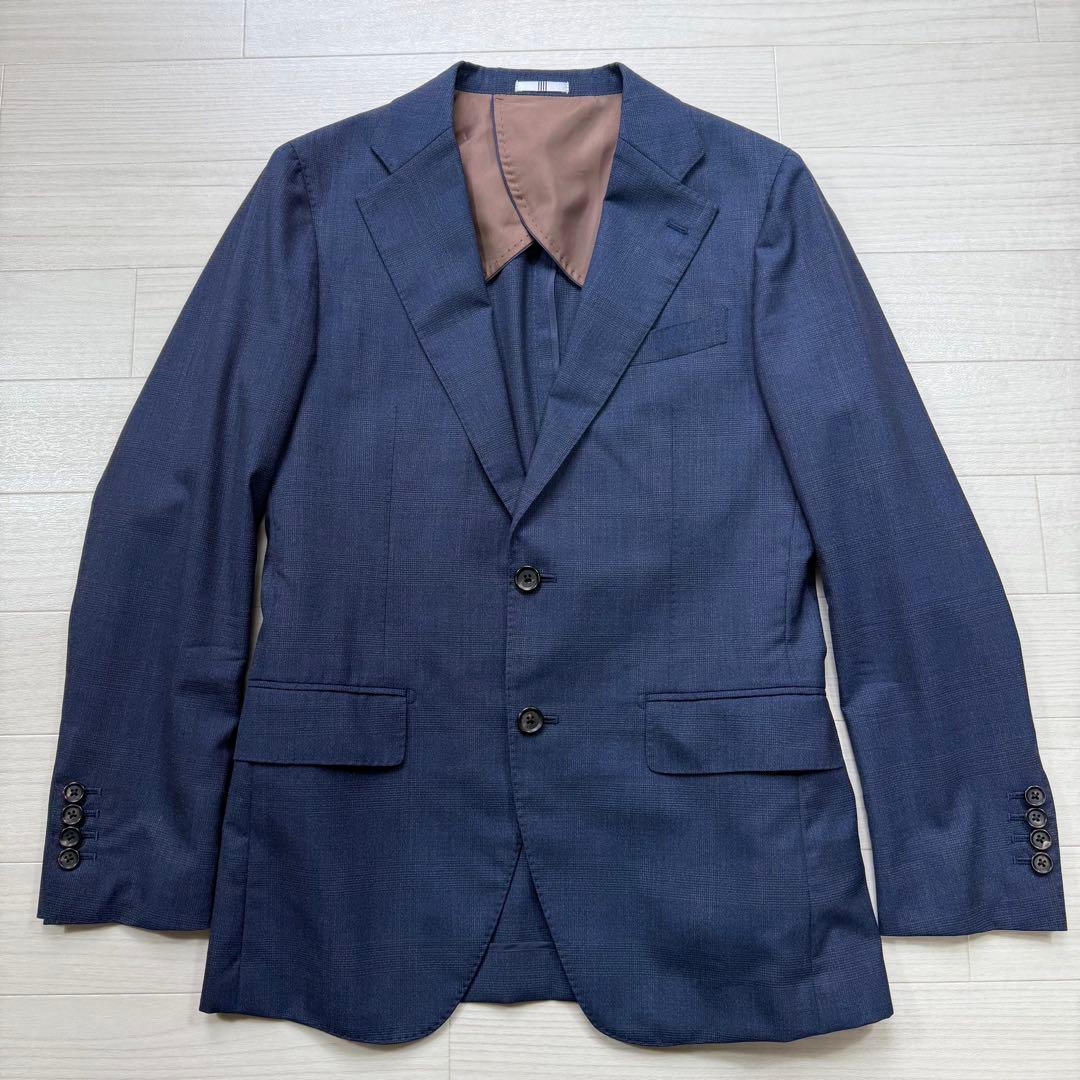 極美品 スーツセレクト 高級生地 ゼニア グレンチェック ネイビー スーツ M