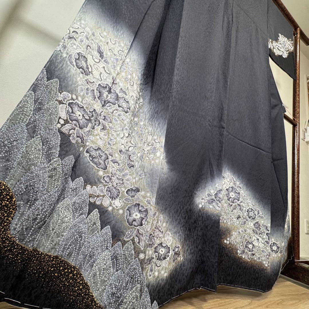 秋冬　しつけ付　林淳一　作家物　辻が花　着物　訪問着　162 現代　墨色　黒
