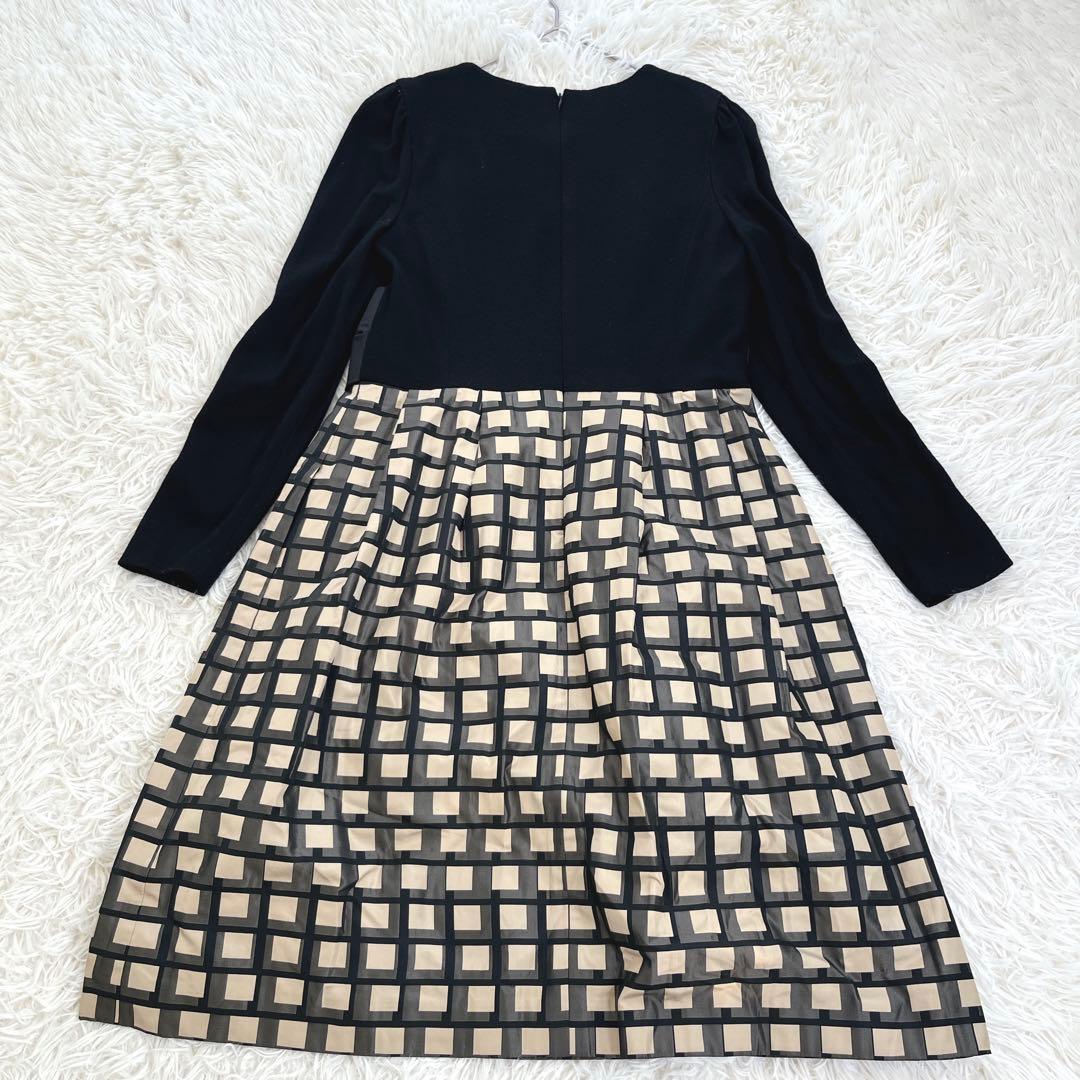 エムズグレイシー ウール100 切替チェック ウエストリボンワンピース 40 黒