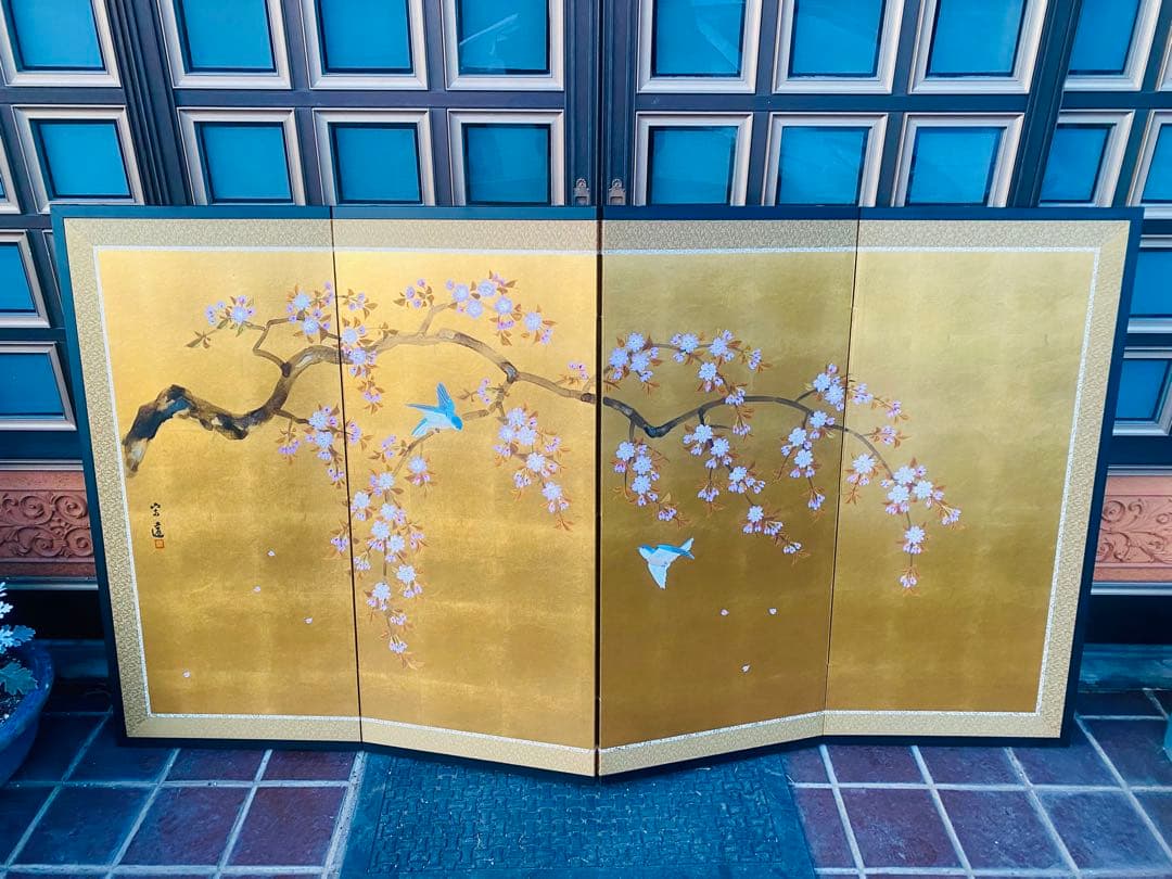 金箔使用 桜と小鳥の日本画屏風