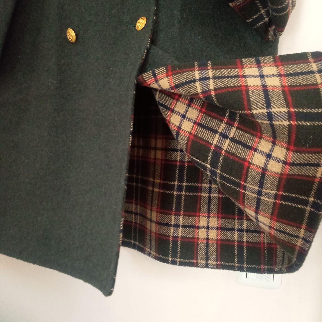 良品◎グリーン緑 チェック柄リバーシブルコートダブルブレスト　ウール11号
