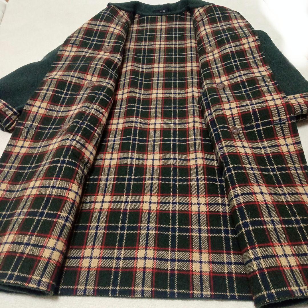 良品◎グリーン緑 チェック柄リバーシブルコートダブルブレスト　ウール11号