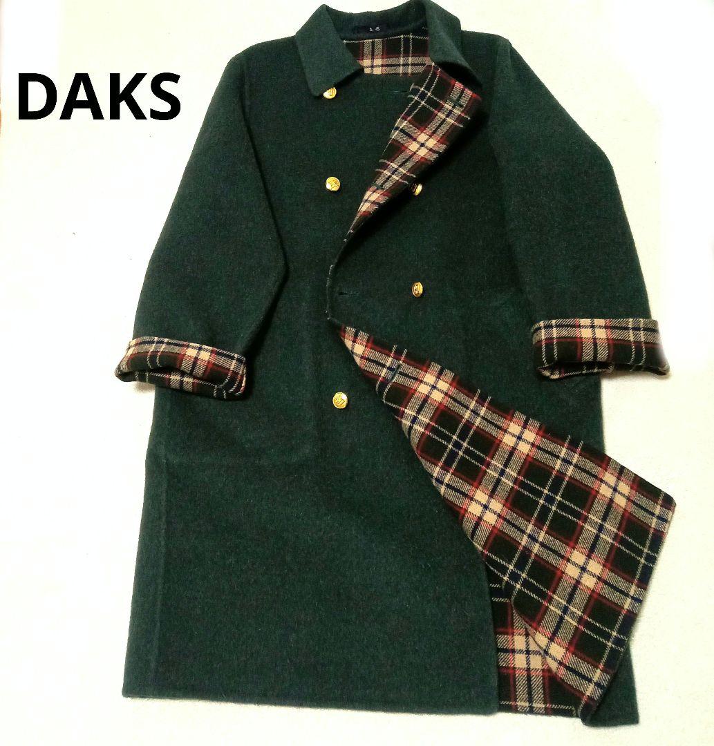 良品◎グリーン緑 チェック柄リバーシブルコートダブルブレスト　ウール11号