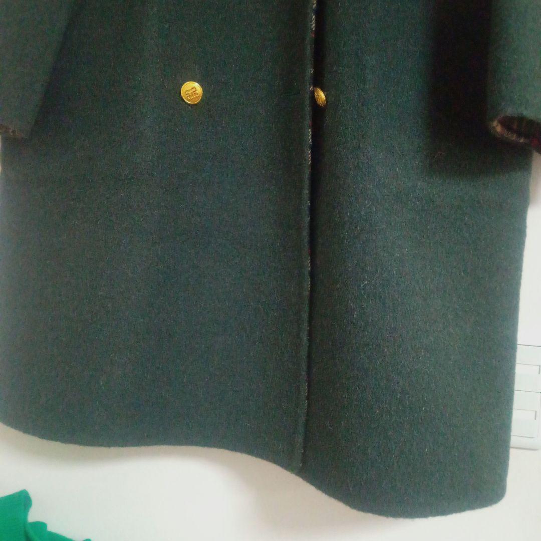 良品◎グリーン緑 チェック柄リバーシブルコートダブルブレスト　ウール11号