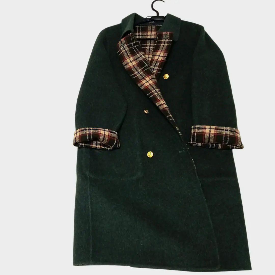 良品◎グリーン緑 チェック柄リバーシブルコートダブルブレスト　ウール11号