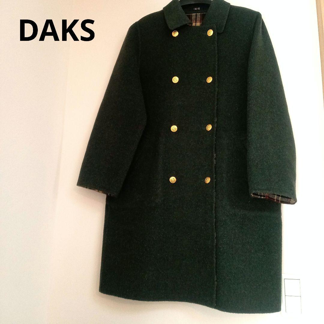 良品◎グリーン緑 チェック柄リバーシブルコートダブルブレスト　ウール11号