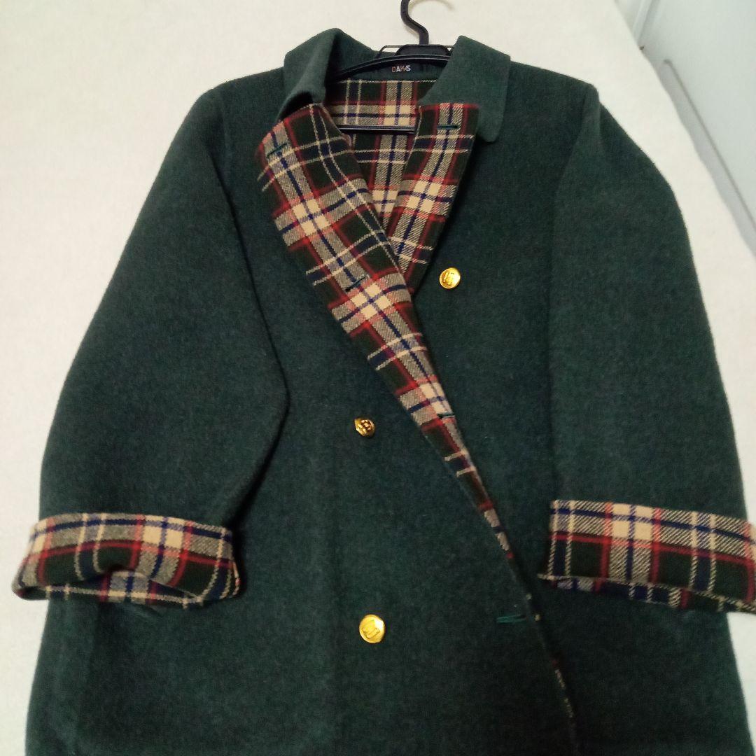 良品◎グリーン緑 チェック柄リバーシブルコートダブルブレスト　ウール11号