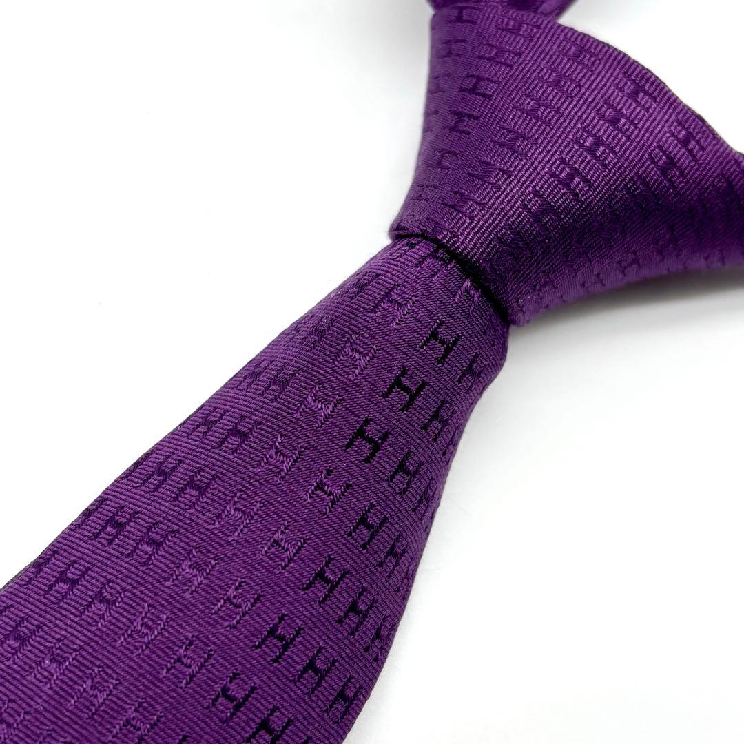 極美品✨ HERMES ネクタイ ファソネ H柄 ジャガード 総柄 パープル