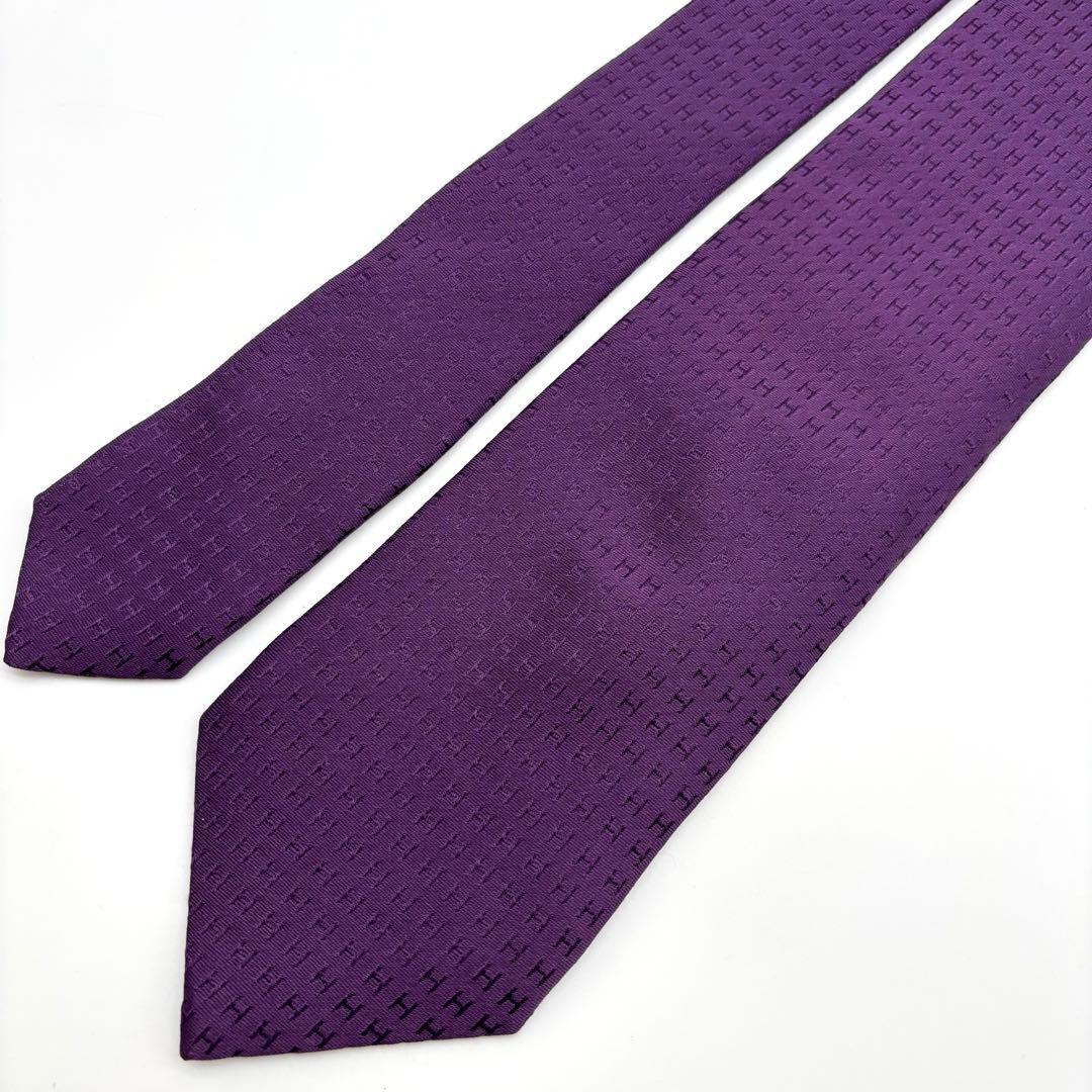 極美品✨ HERMES ネクタイ ファソネ H柄 ジャガード 総柄 パープル