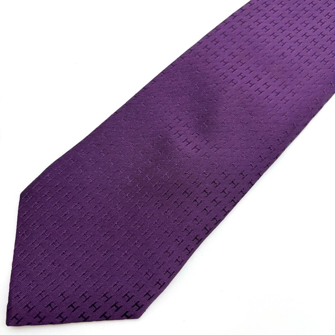 極美品✨ HERMES ネクタイ ファソネ H柄 ジャガード 総柄 パープル