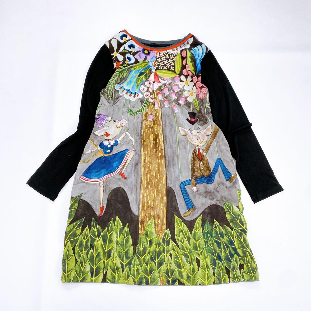 美品 アルベロベロ チュニック ワンピース 長袖 ブタさん サイドポケット