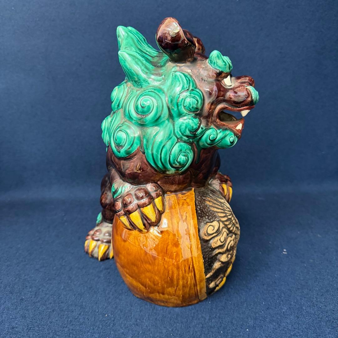 九谷焼 糠川清章 唐獅子置物 高さ約30cm玉乗り獅子 縁起物 色絵 共箱
