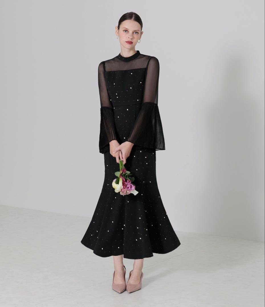 lejaフレアスリーブ ビーズ装飾 黒ドレス Sサイズ