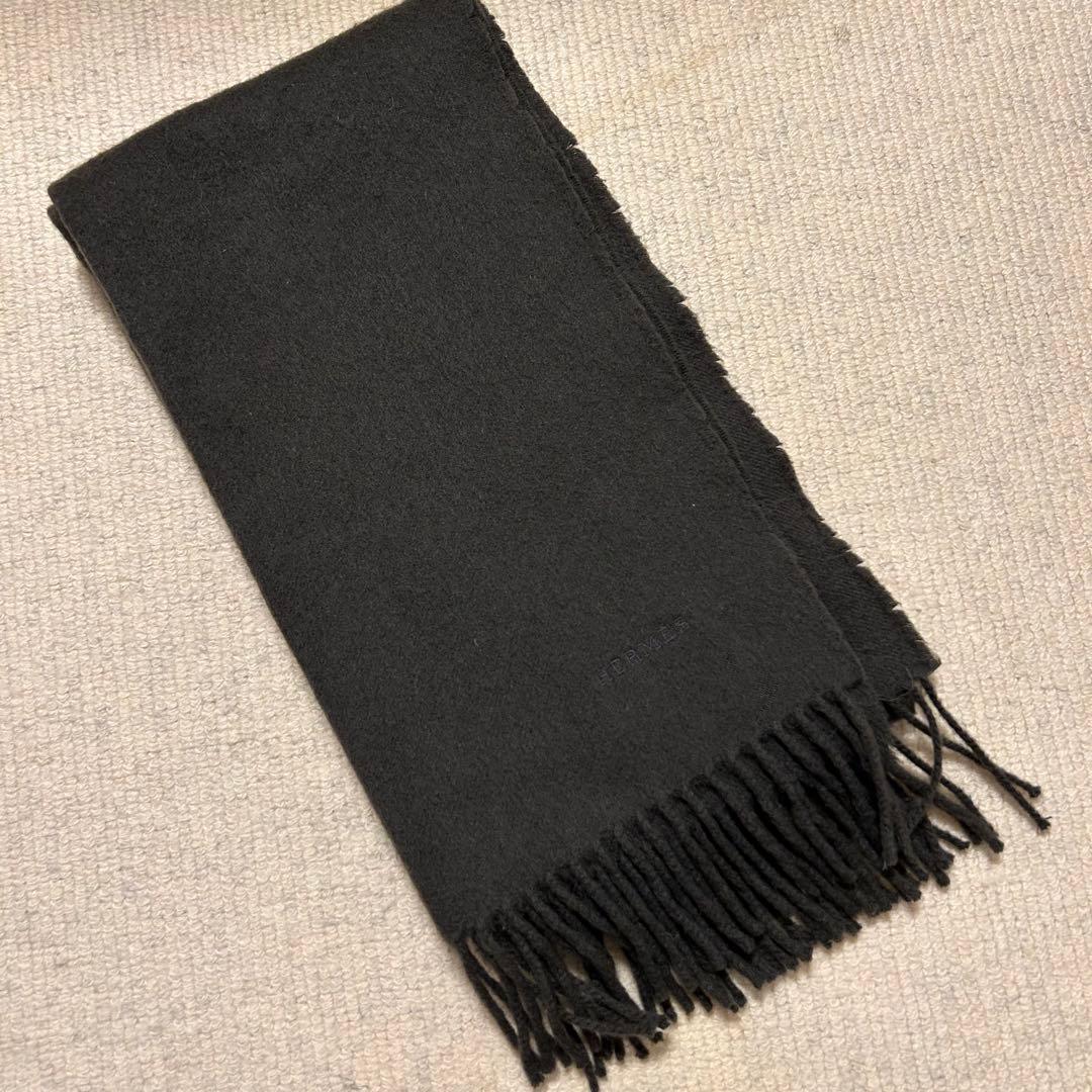 HERMES (エルメス) ロゴ刺繍 カシミア マフラー チャコールグレー