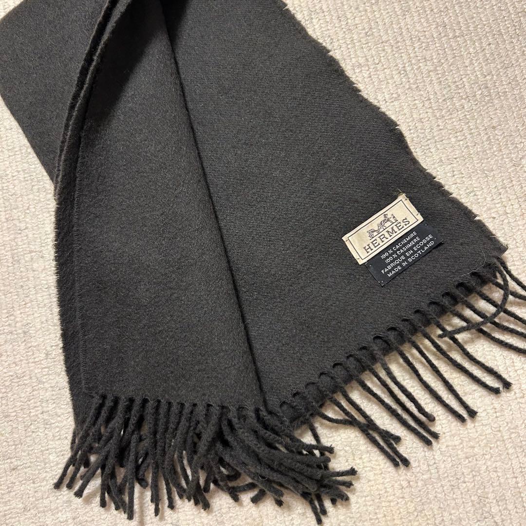 HERMES (エルメス) ロゴ刺繍 カシミア マフラー チャコールグレー