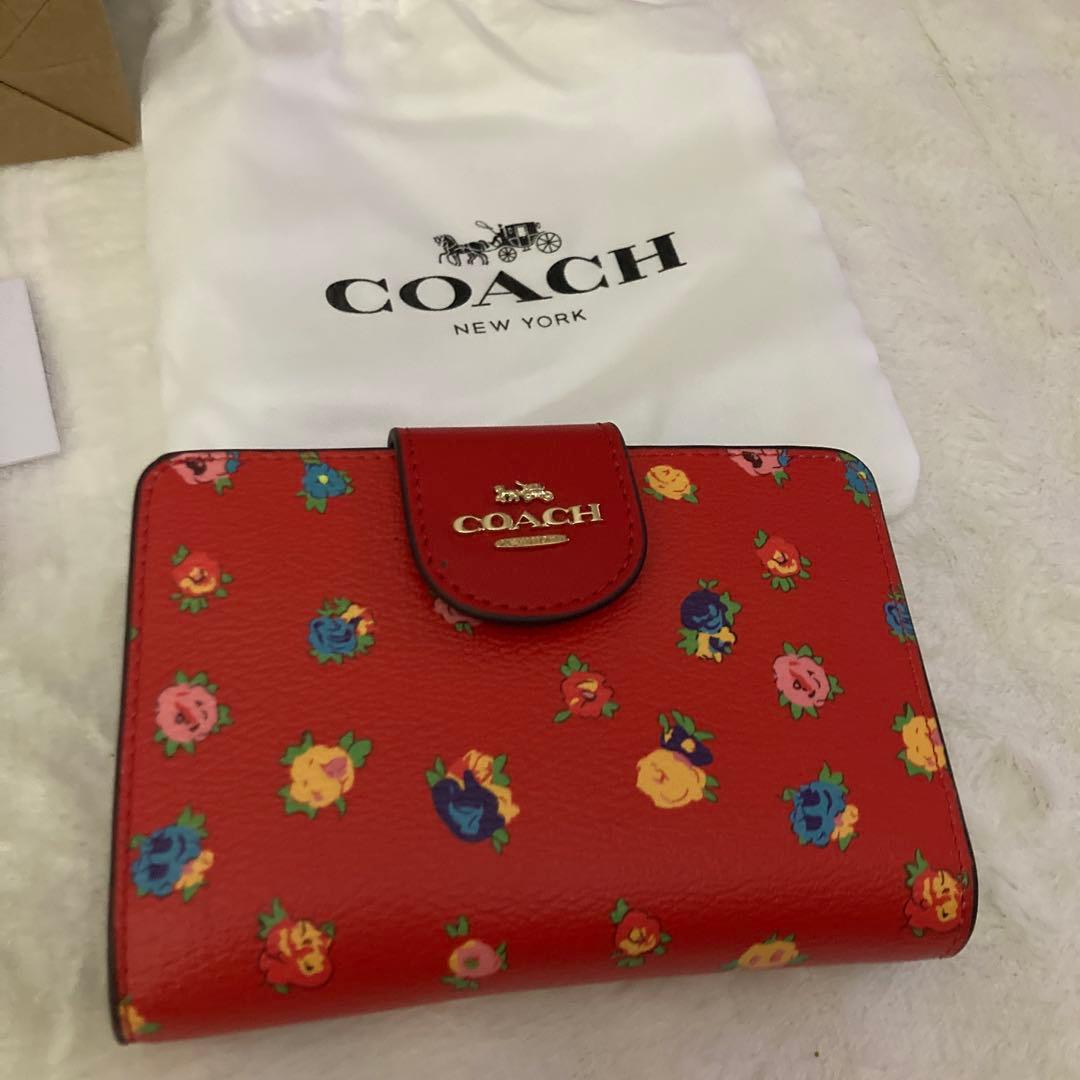 COACH 花柄 二つ折り財布 レッド