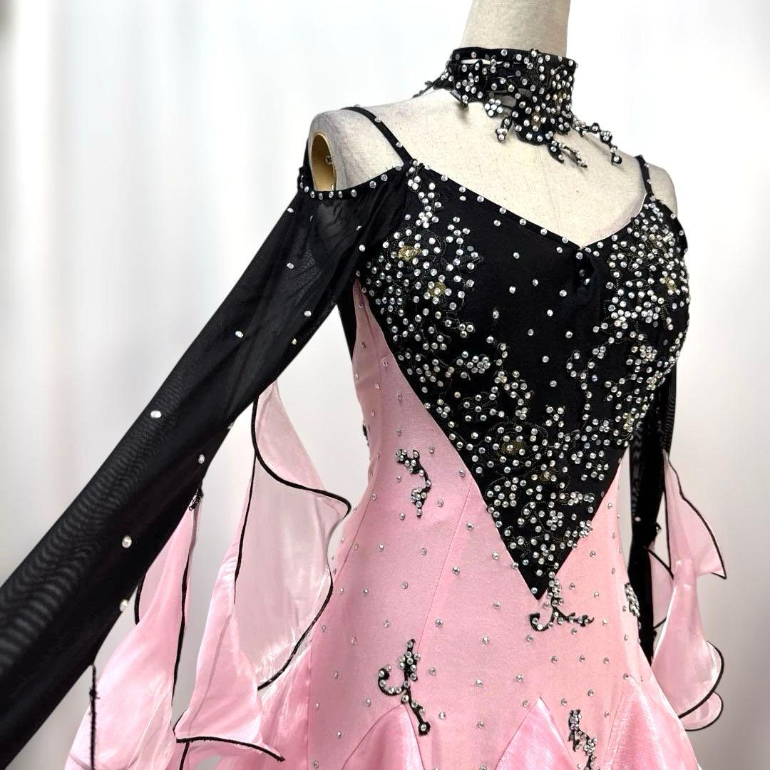 6264★SM ピンク 黒 フリル スタンダードドレス社交ダンス