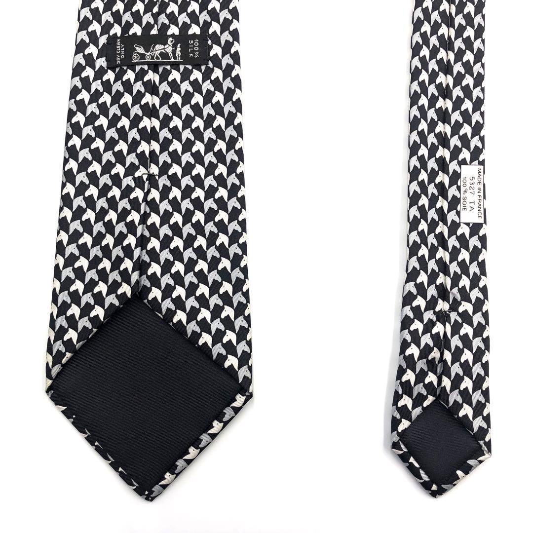 【美品】HERMES ネクタイ 馬柄 アニマル　動物 小紋柄 ブラック ホワイト